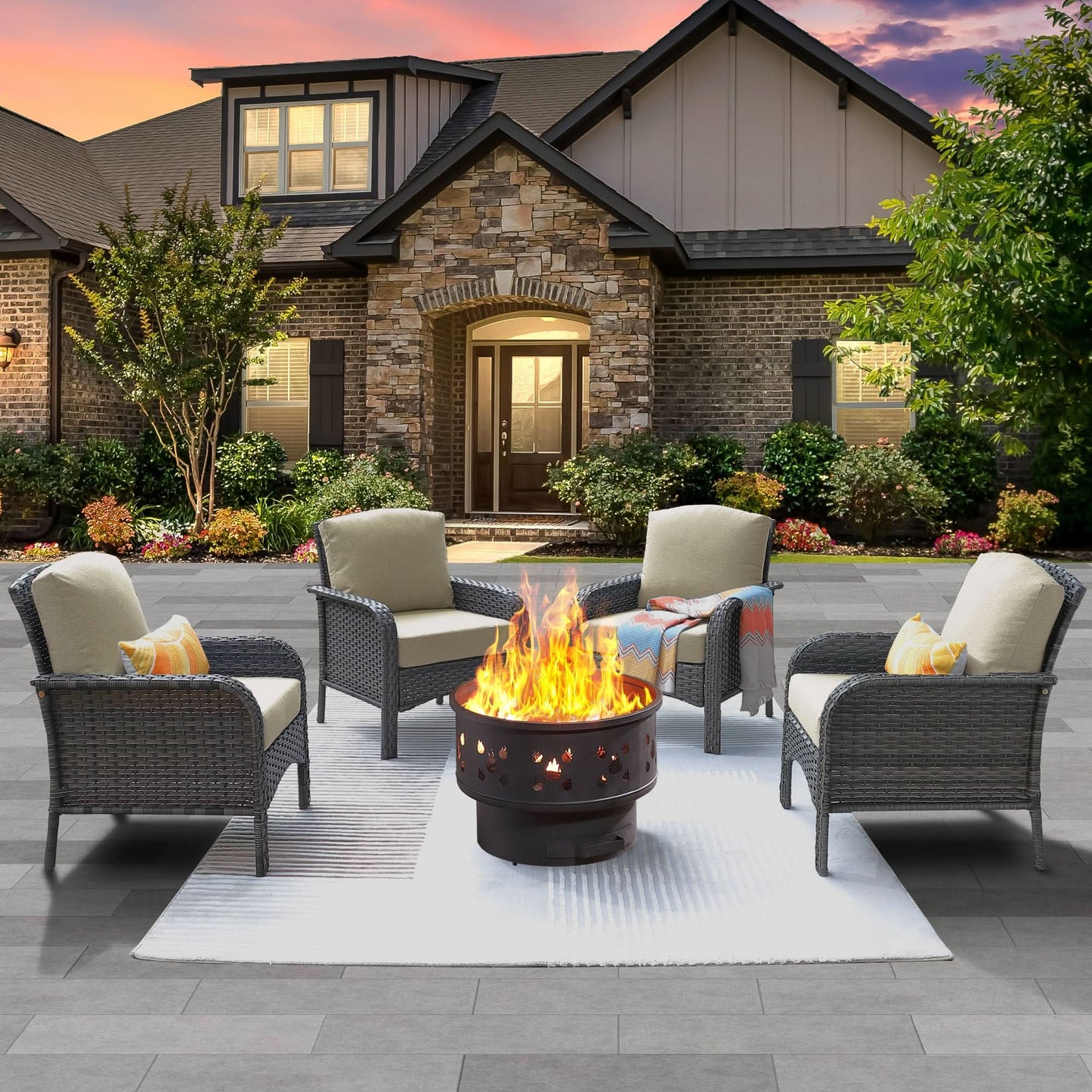 OVIOS 5 Pieces Patio Furniture Set with Fire Pit, Outdoor Wicker Chairs of 4