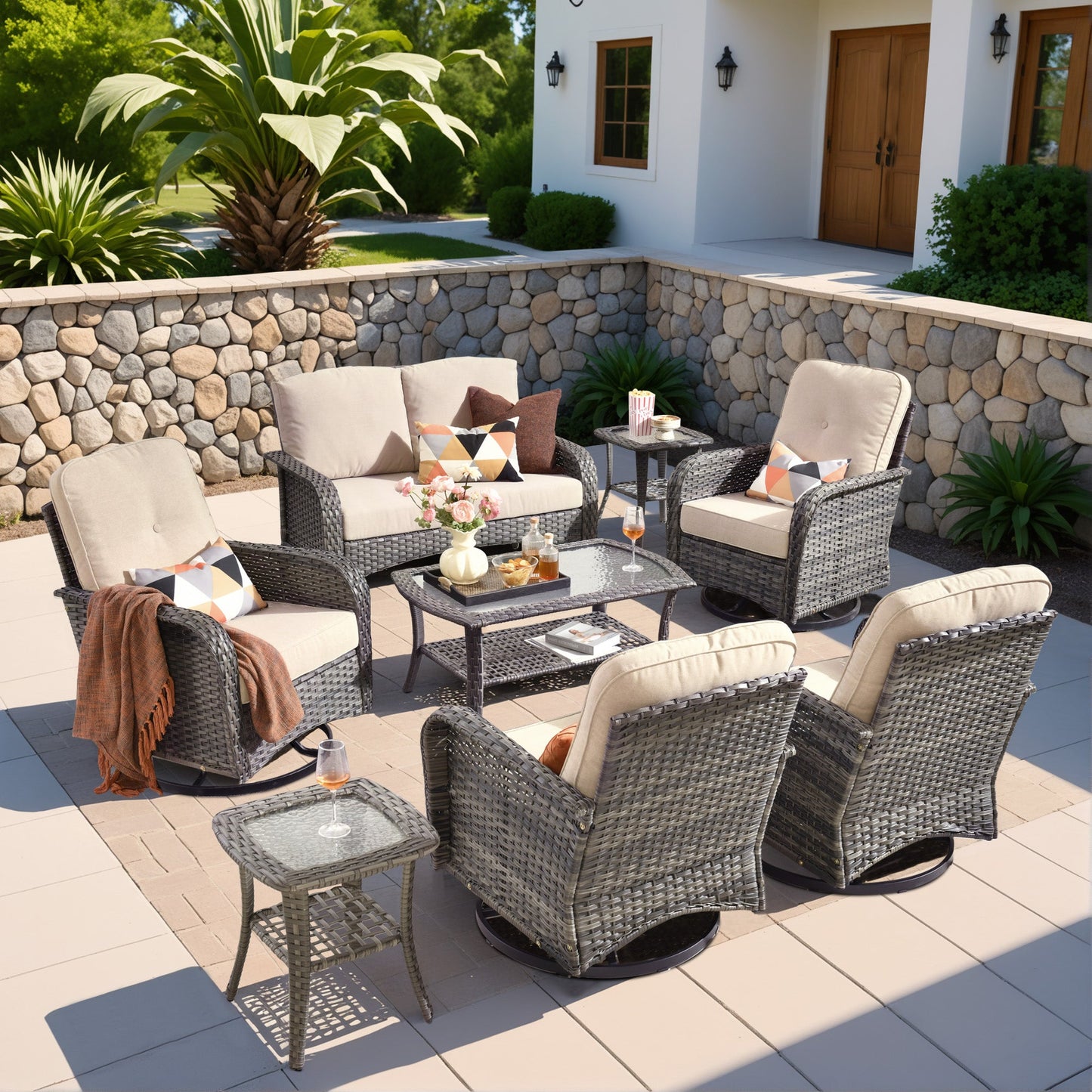 OVIOS 8 Pieces Patio Furniture Set, Outdoor Wicker Sofa with Swivel Chairs