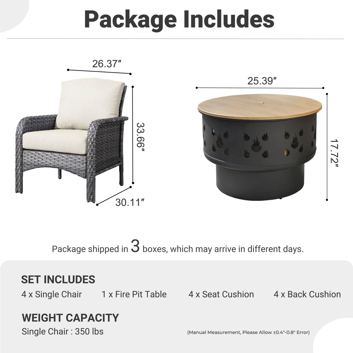 OVIOS 5 Pieces Patio Furniture Set with Fire Pit, Outdoor Wicker Chairs of 4