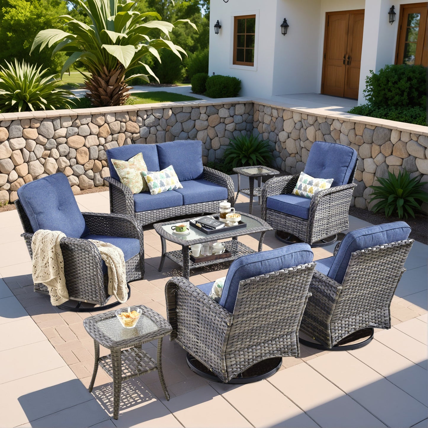 OVIOS 8 Pieces Patio Furniture Set, Outdoor Wicker Sofa with Swivel Chairs