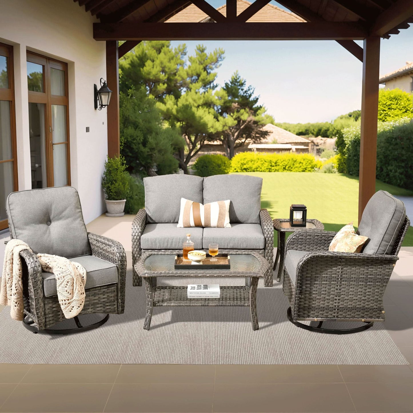 OVIOS 5 Pieces Patio Furniture Set, Outdoor Wicker Sofa with Swivel Chairs