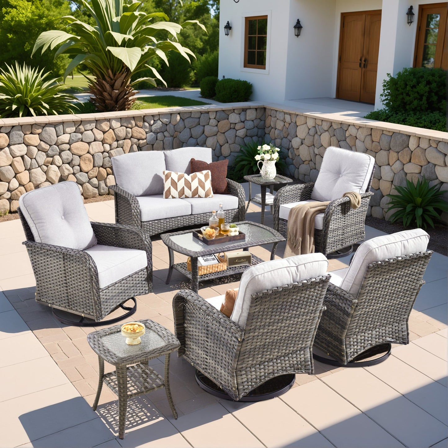 OVIOS 8 Pieces Patio Furniture Set, Outdoor Wicker Sofa with Swivel Chairs