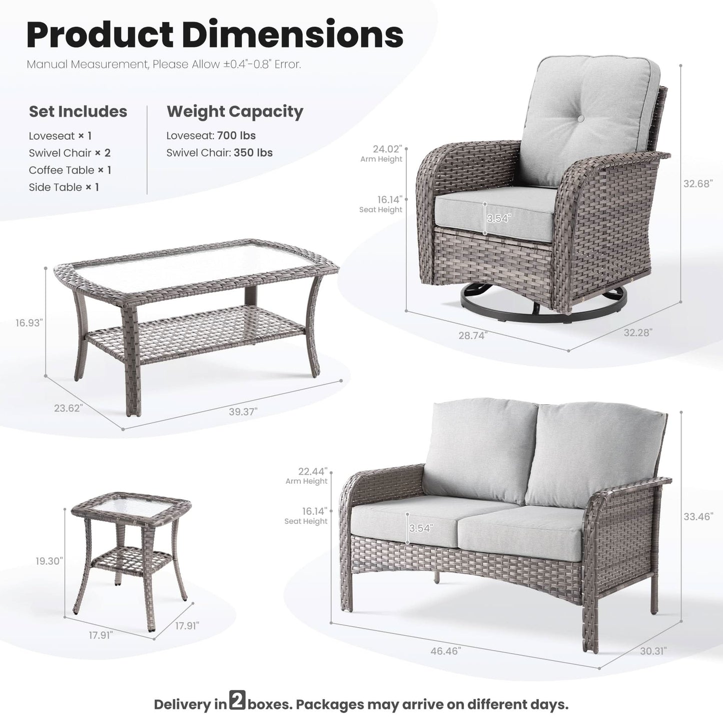 OVIOS 5 Pieces Patio Furniture Set, Outdoor Wicker Sofa with Swivel Chairs
