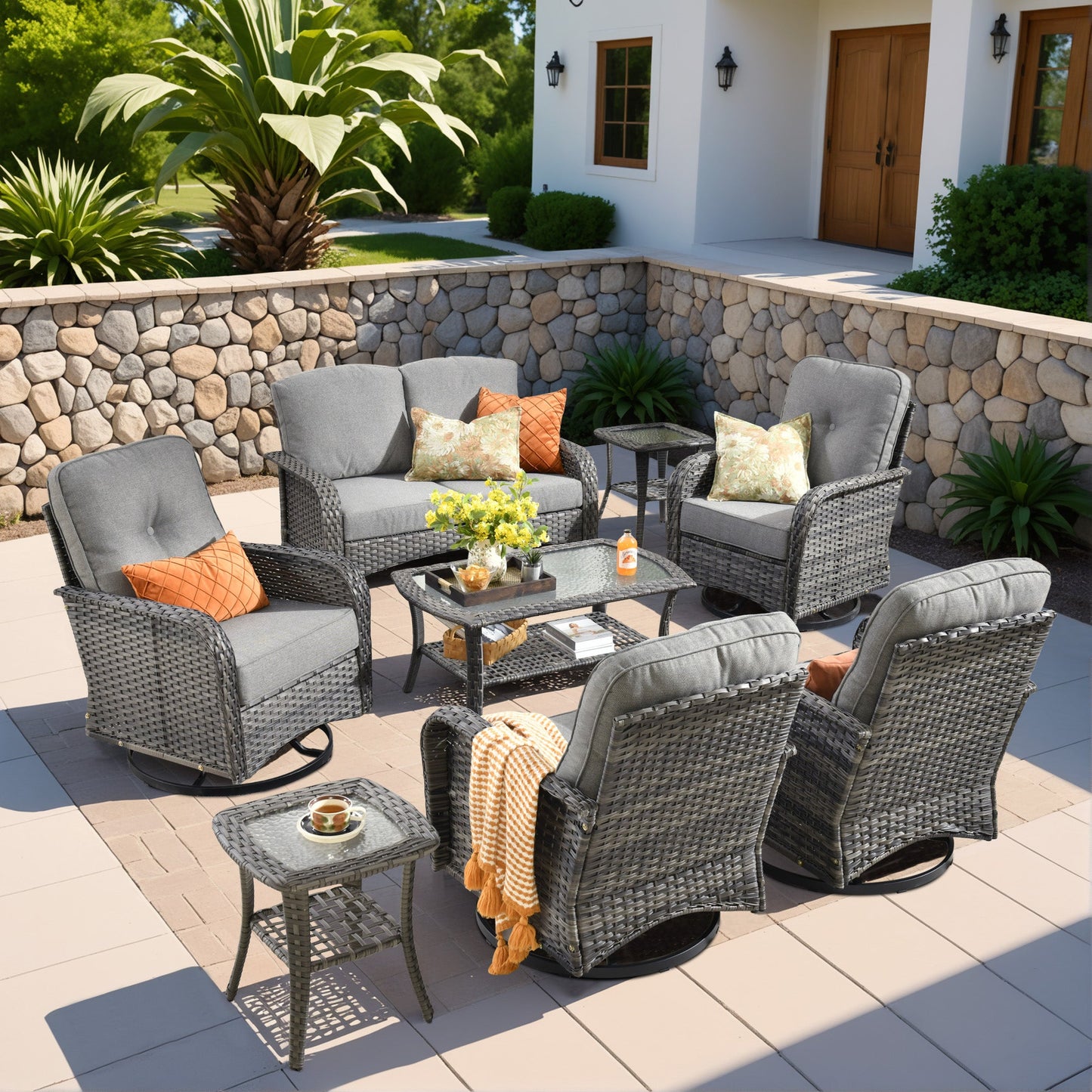 OVIOS 8 Pieces Patio Furniture Set, Outdoor Wicker Sofa with Swivel Chairs