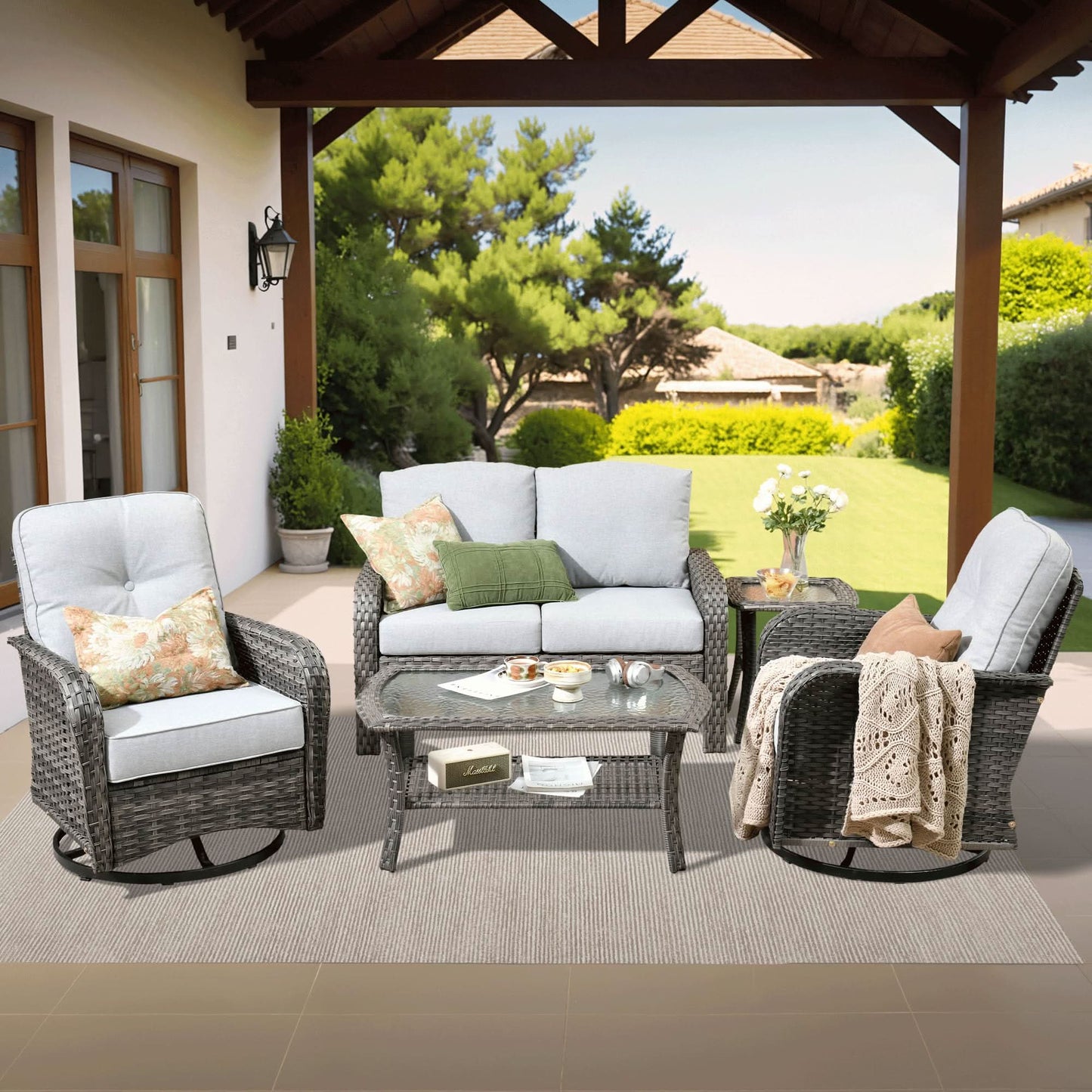 OVIOS 5 Pieces Patio Furniture Set, Outdoor Wicker Sofa with Swivel Chairs