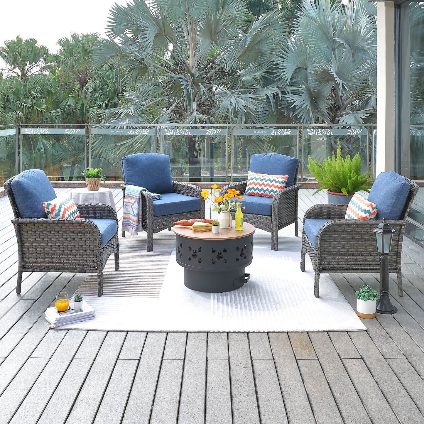 OVIOS 5 Pieces Patio Furniture Set with Fire Pit, Outdoor Wicker Chairs of 4