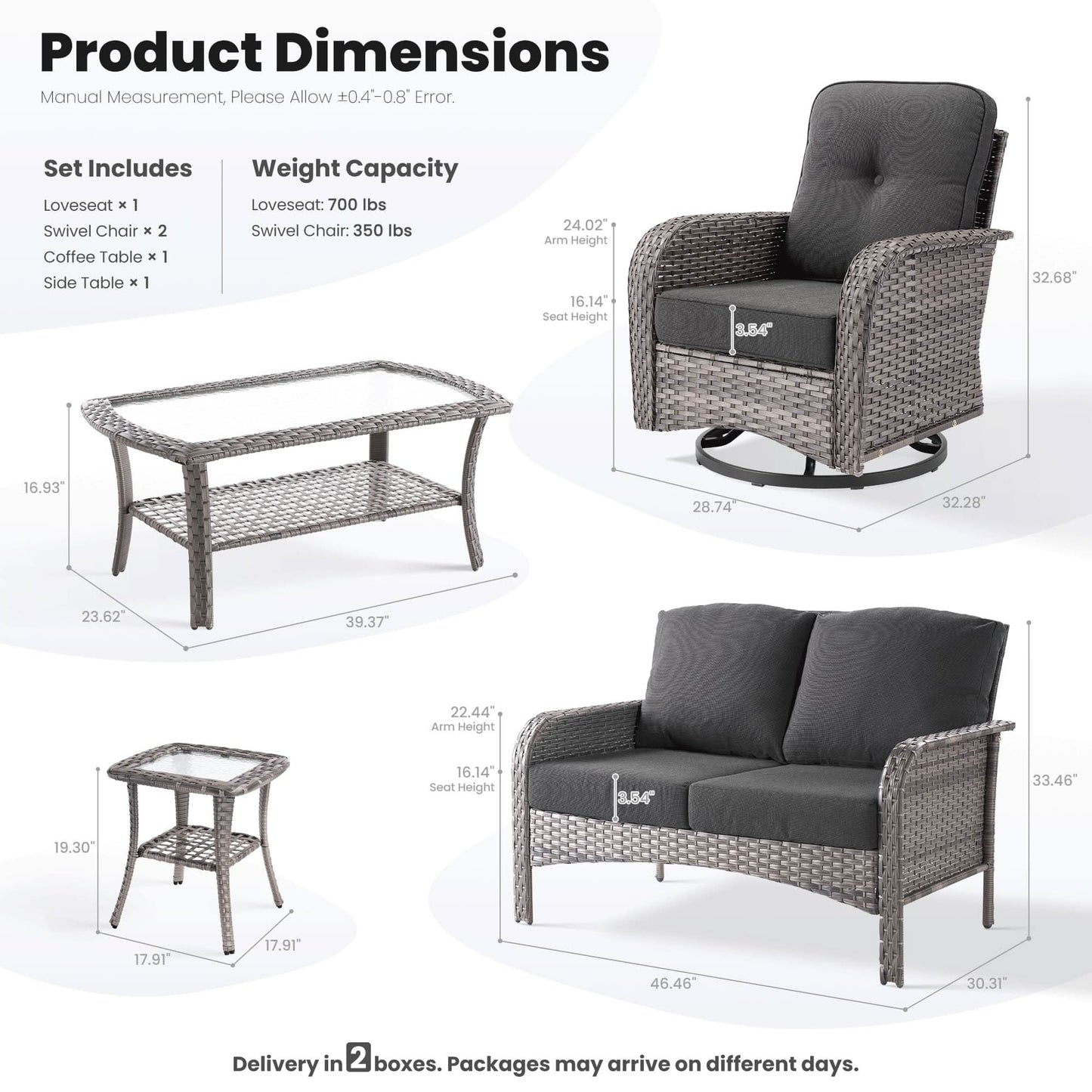 OVIOS 5 Pieces Patio Furniture Set, Outdoor Wicker Sofa with Swivel Chairs