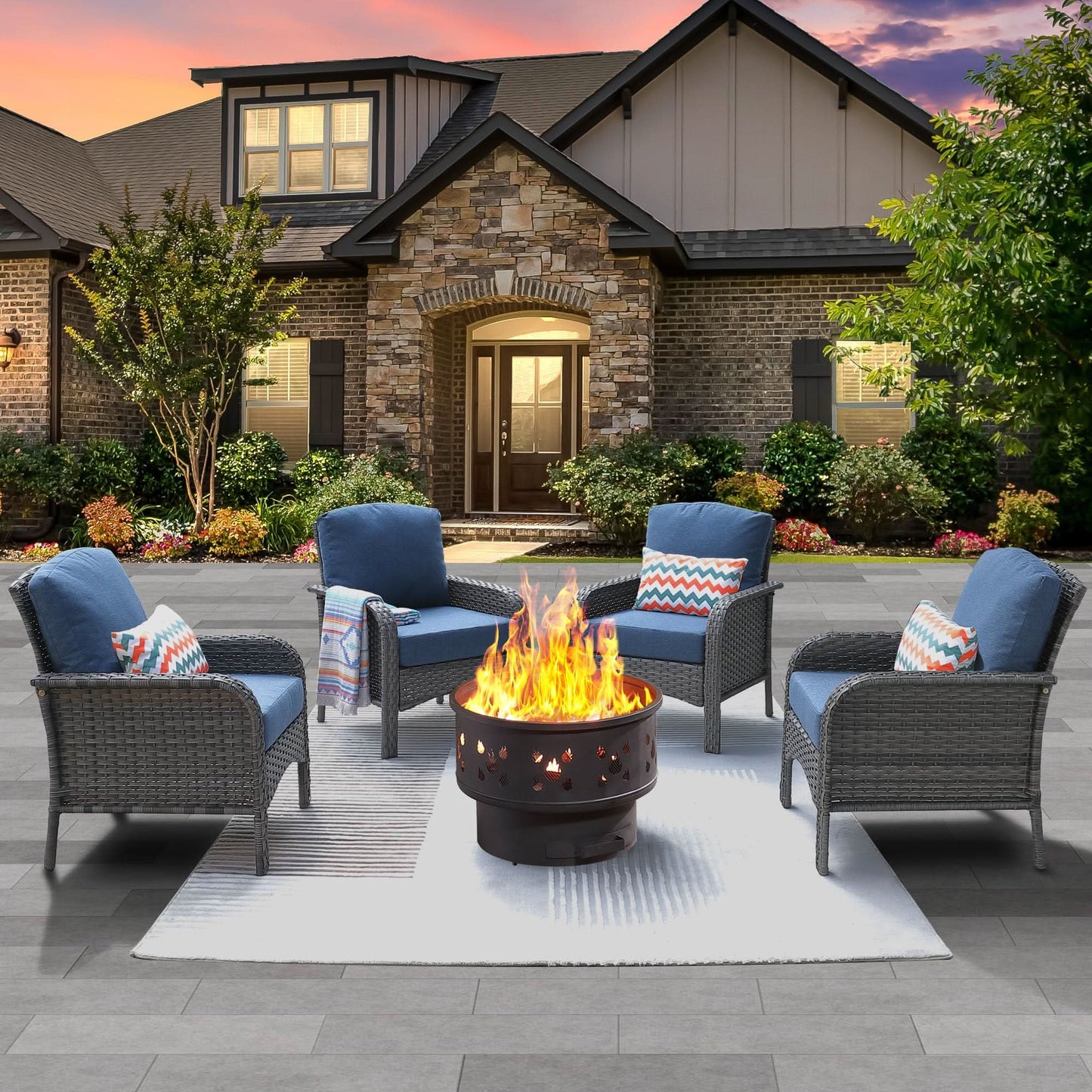 OVIOS 5 Pieces Patio Furniture Set with Fire Pit, Outdoor Wicker Chairs of 4