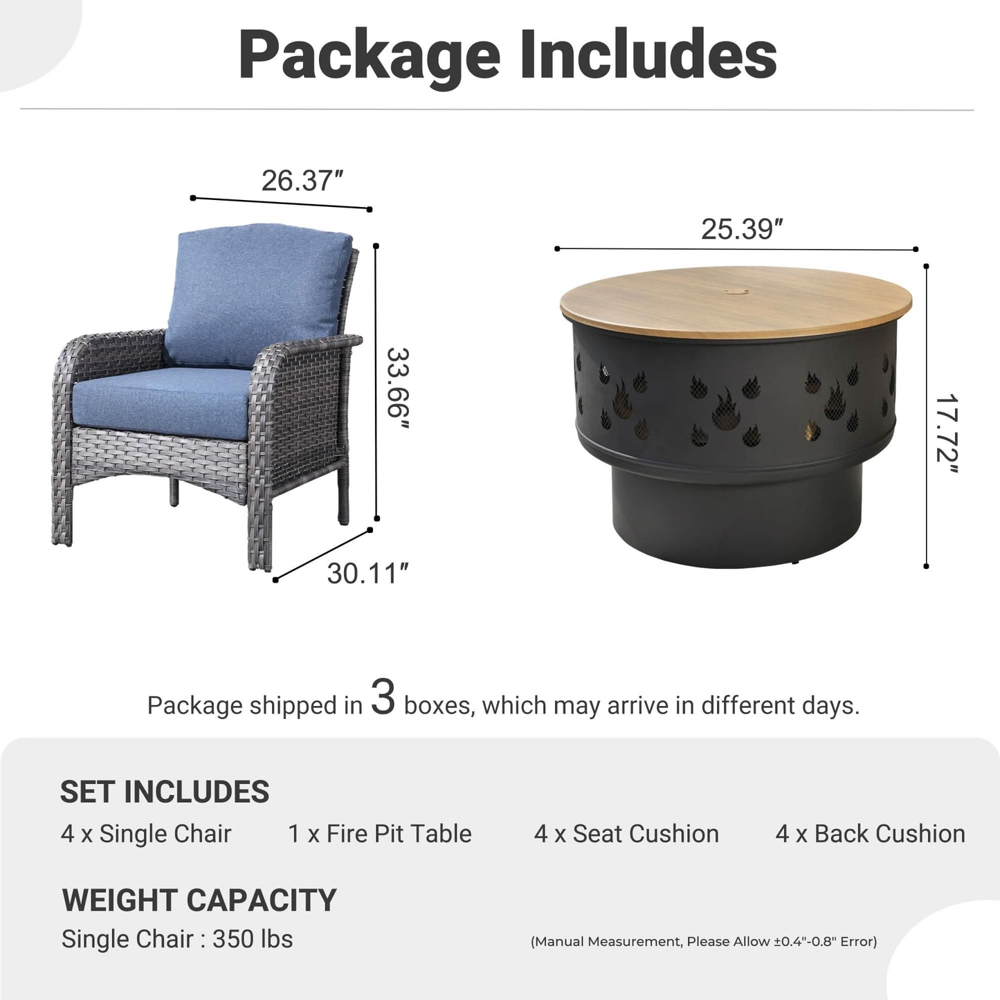 OVIOS 5 Pieces Patio Furniture Set with Fire Pit, Outdoor Wicker Chairs of 4