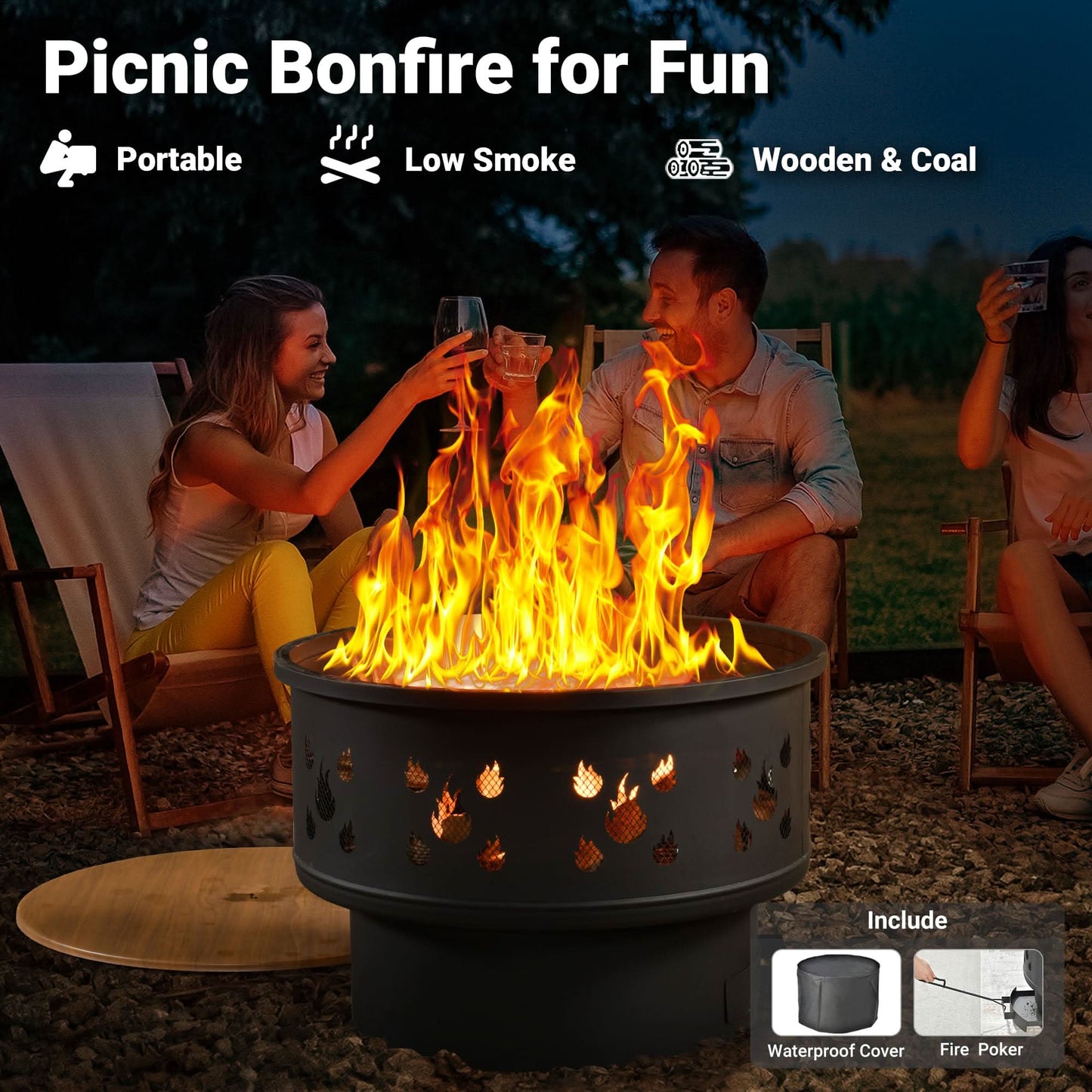OVIOS 5 Pieces Patio Furniture Set with Fire Pit, Outdoor Wicker Chairs of 4