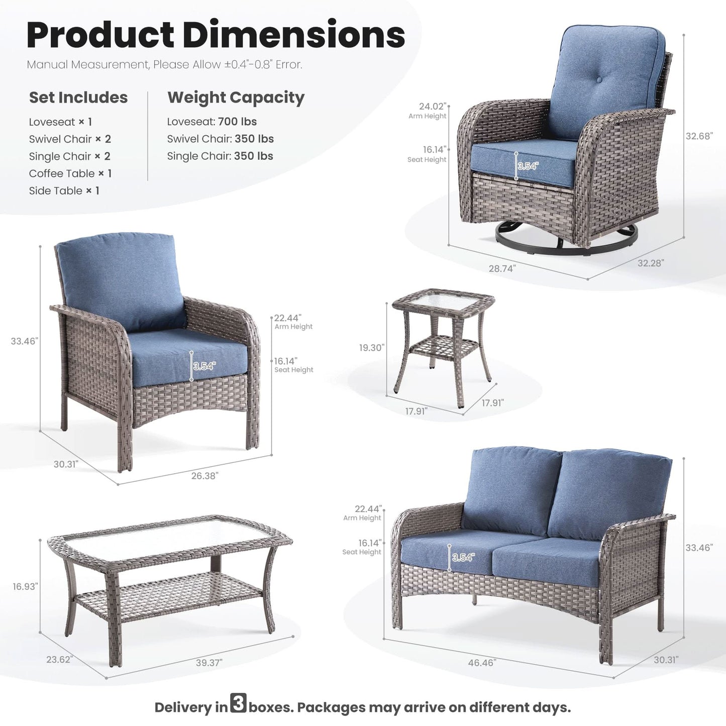 OVIOS 7 Pieces Patio Furniture Set, Outdoor Wicker Sofa with Swivel Chairs, Coffee Table