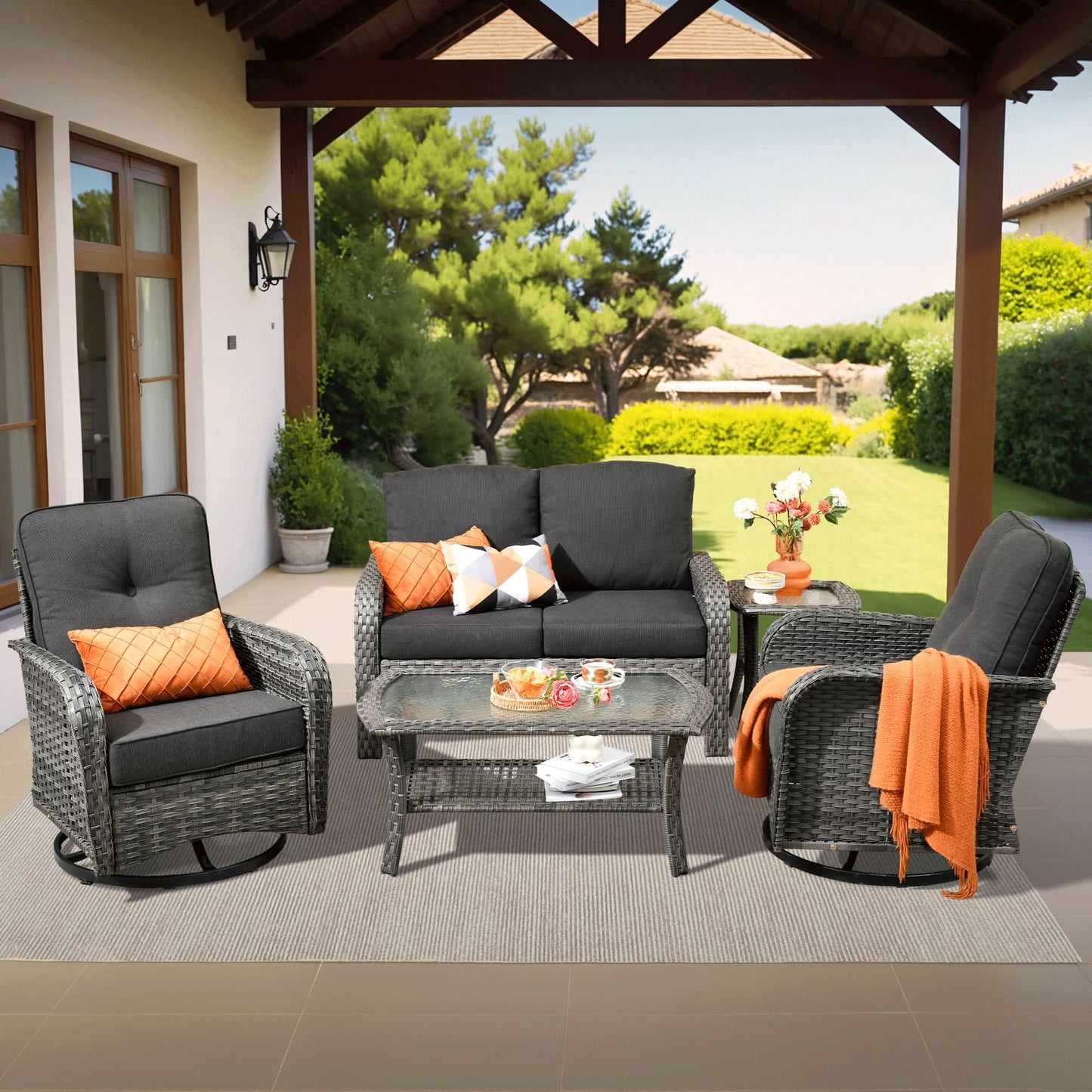 OVIOS 5 Pieces Patio Furniture Set, Outdoor Wicker Sofa with Swivel Chairs