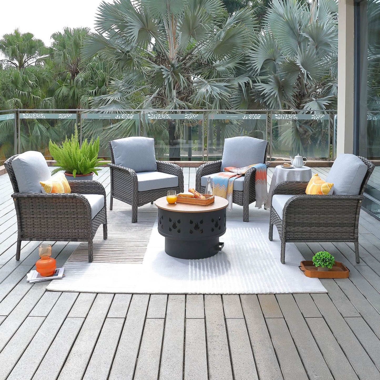 OVIOS 5 Pieces Patio Furniture Set with Fire Pit, Outdoor Wicker Chairs of 4