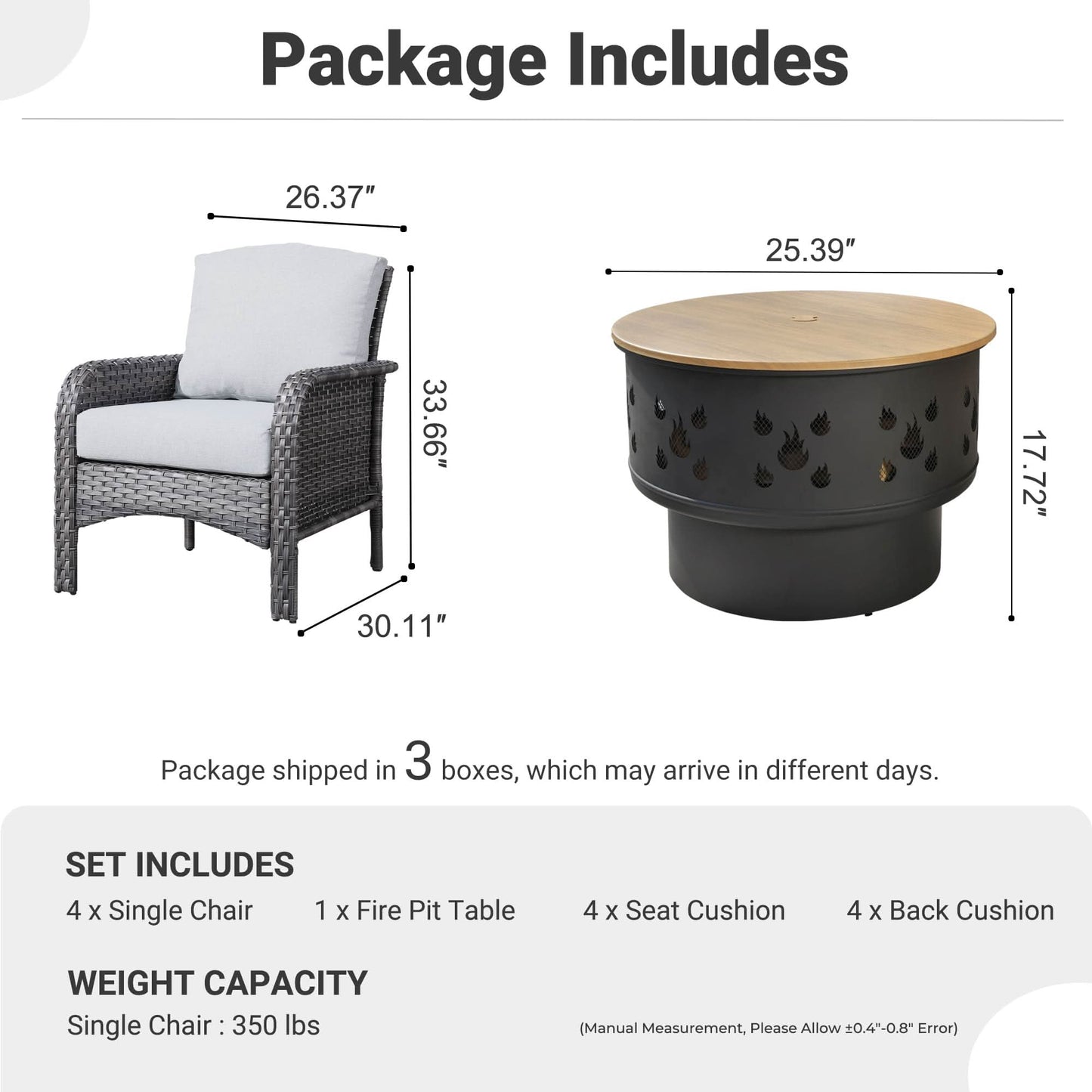 OVIOS 5 Pieces Patio Furniture Set with Fire Pit, Outdoor Wicker Chairs of 4