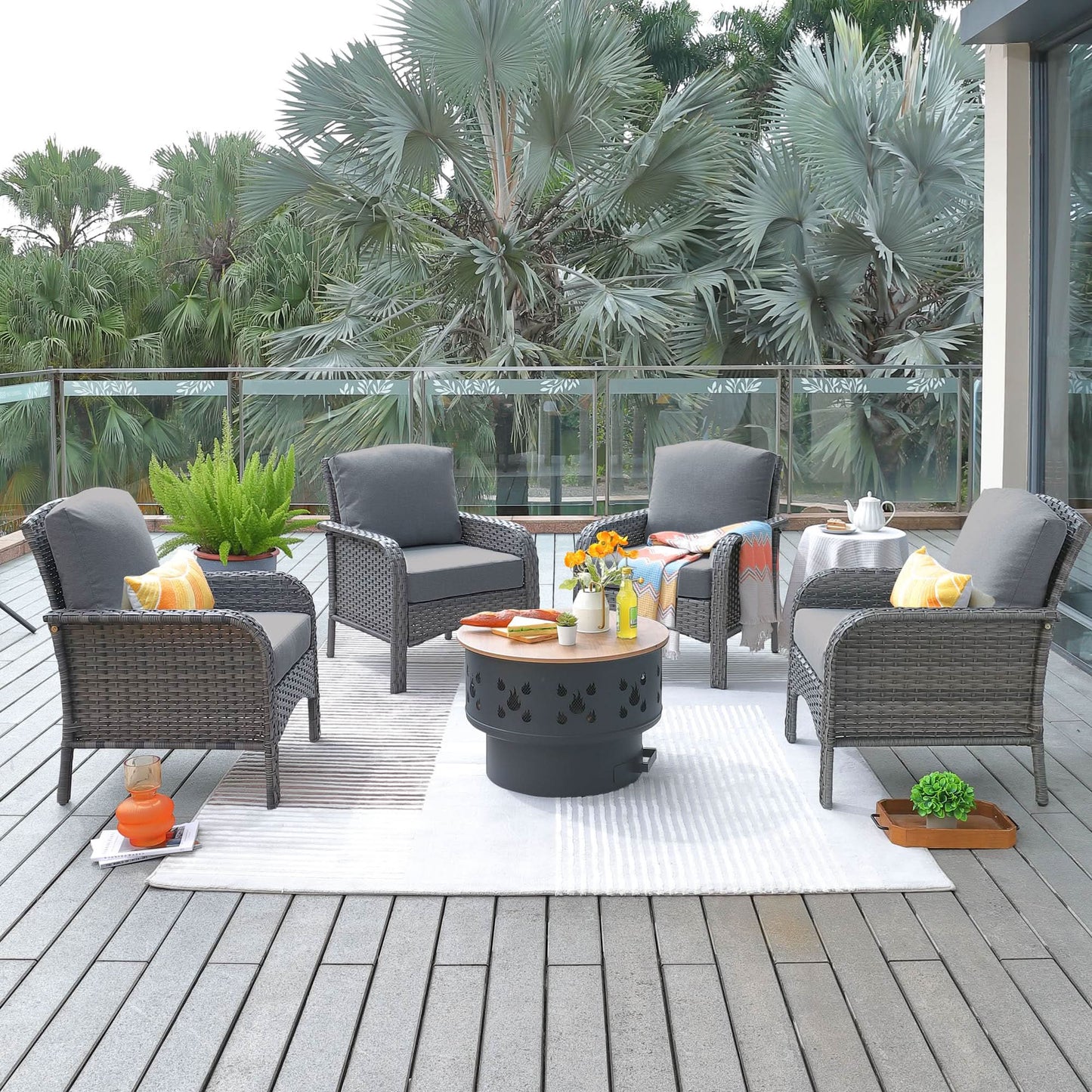 OVIOS 5 Pieces Patio Furniture Set with Fire Pit, Outdoor Wicker Chairs of 4