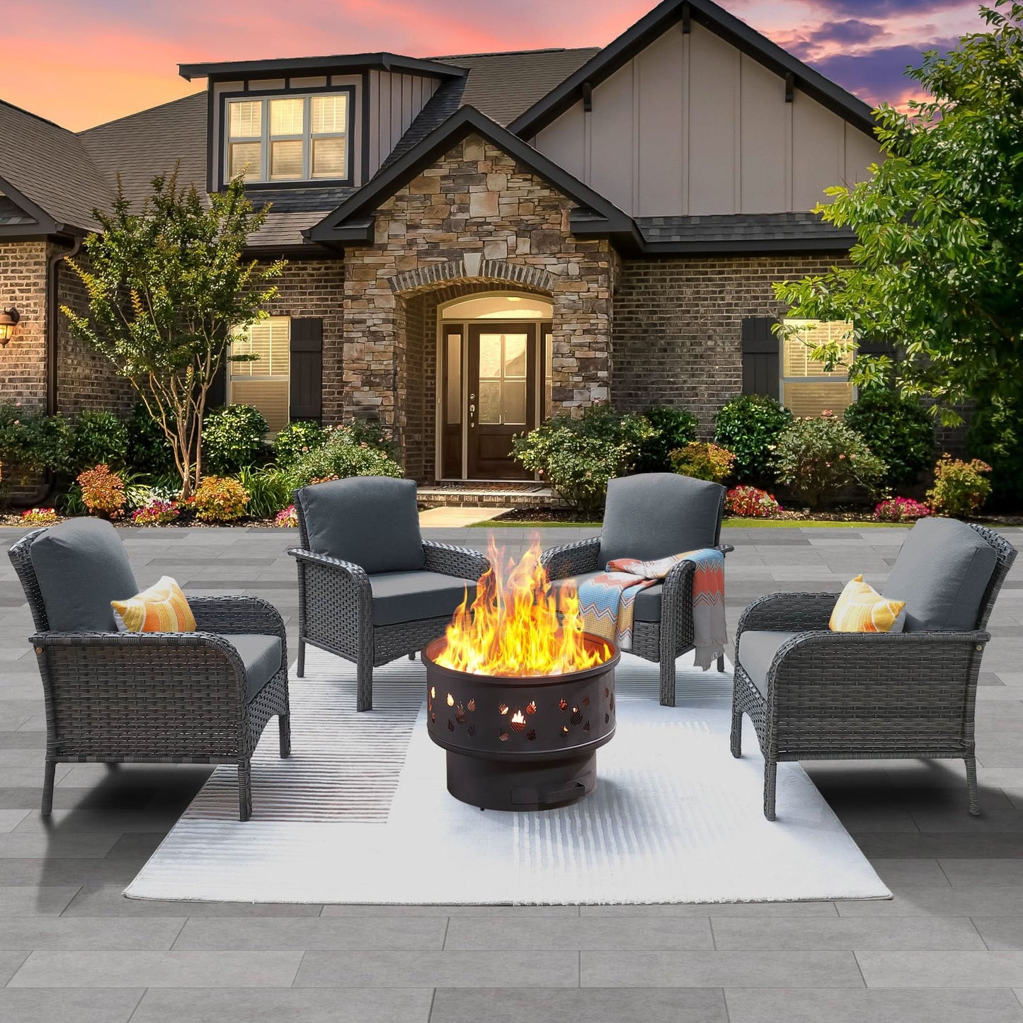 OVIOS 5 Pieces Patio Furniture Set with Fire Pit, Outdoor Wicker Chairs of 4