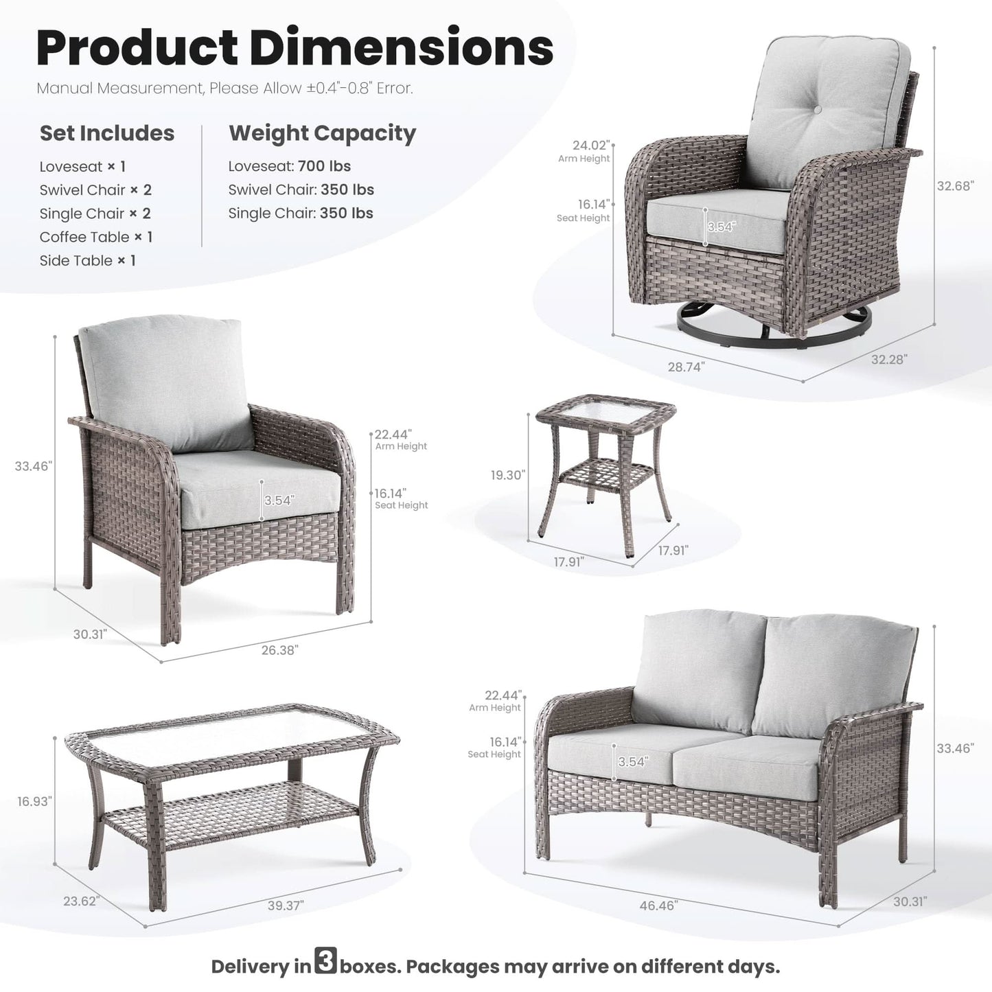 OVIOS 7 Pieces Patio Furniture Set, Outdoor Wicker Sofa with Swivel Chairs, Coffee Table