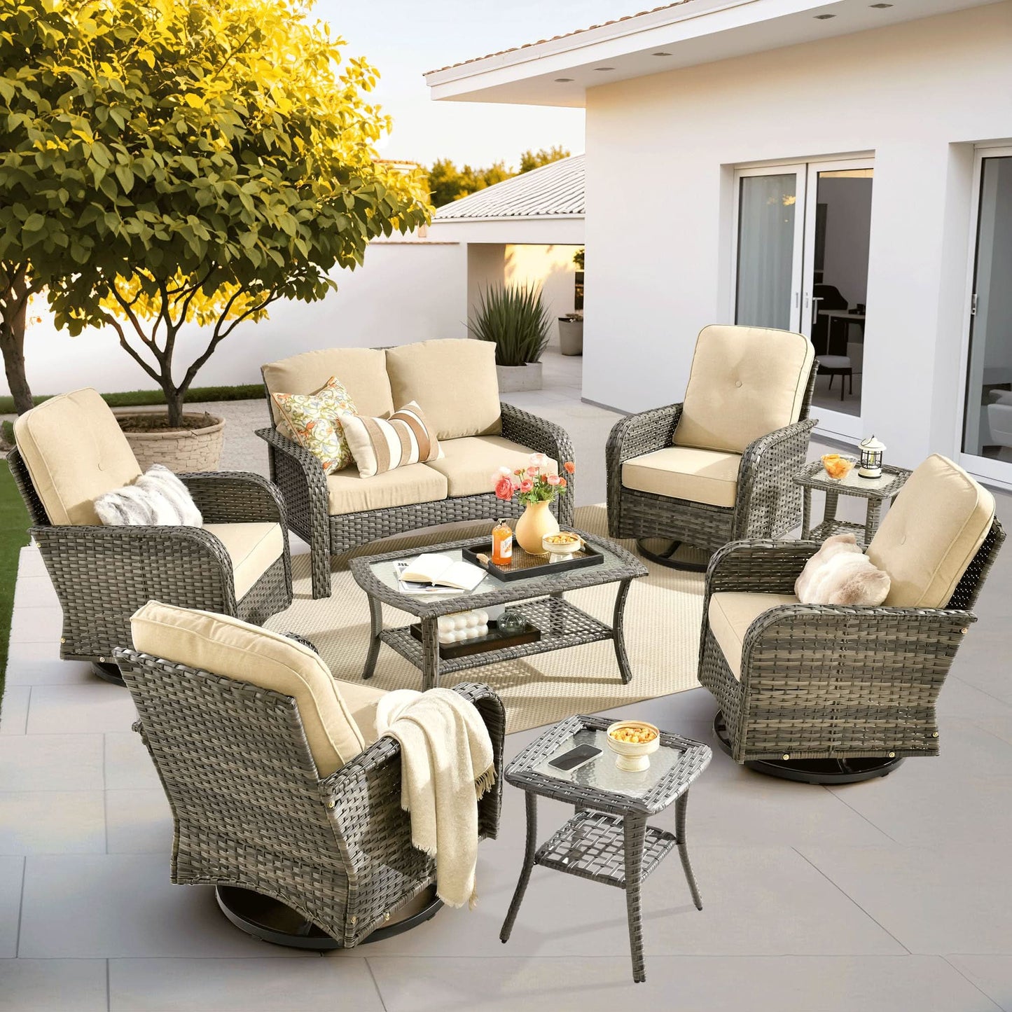 OVIOS 8 Pieces Patio Furniture Set, Outdoor Wicker Sofa with Swivel Chairs