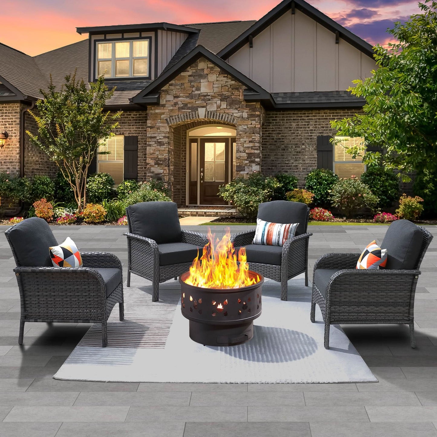 OVIOS 5 Pieces Patio Furniture Set with Fire Pit, Outdoor Wicker Chairs of 4