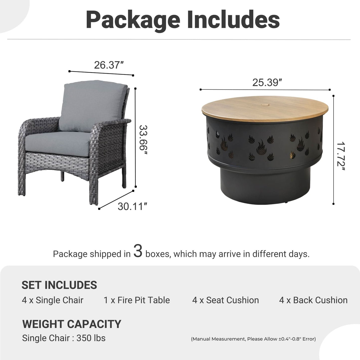 OVIOS 5 Pieces Patio Furniture Set with Fire Pit, Outdoor Wicker Chairs of 4