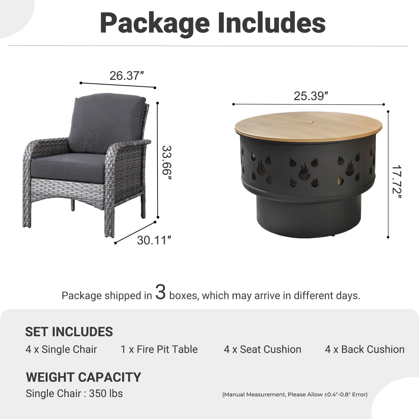 OVIOS 5 Pieces Patio Furniture Set with Fire Pit, Outdoor Wicker Chairs of 4