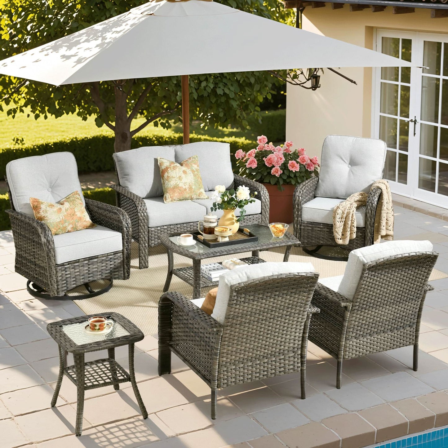 OVIOS 7 Pieces Patio Furniture Set, Outdoor Wicker Sofa with Swivel Chairs, Coffee Table