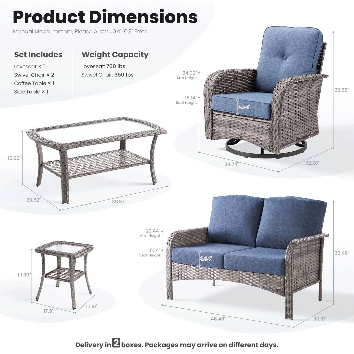OVIOS 5 Pieces Patio Furniture Set, Outdoor Wicker Sofa with Swivel Chairs