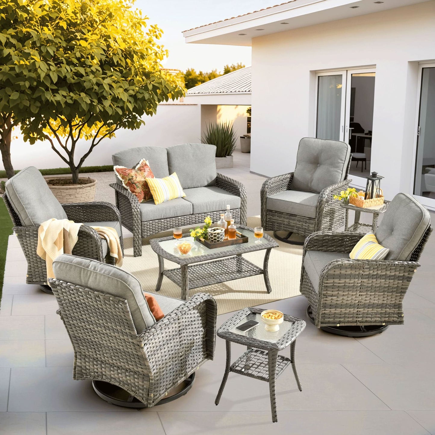OVIOS 8 Pieces Patio Furniture Set, Outdoor Wicker Sofa with Swivel Chairs