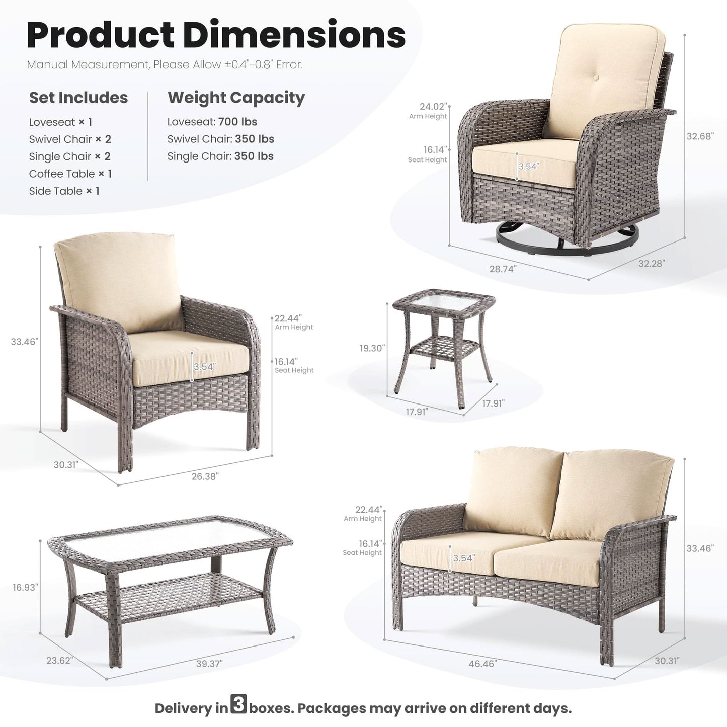 OVIOS 7 Pieces Patio Furniture Set, Outdoor Wicker Sofa with Swivel Chairs, Coffee Table