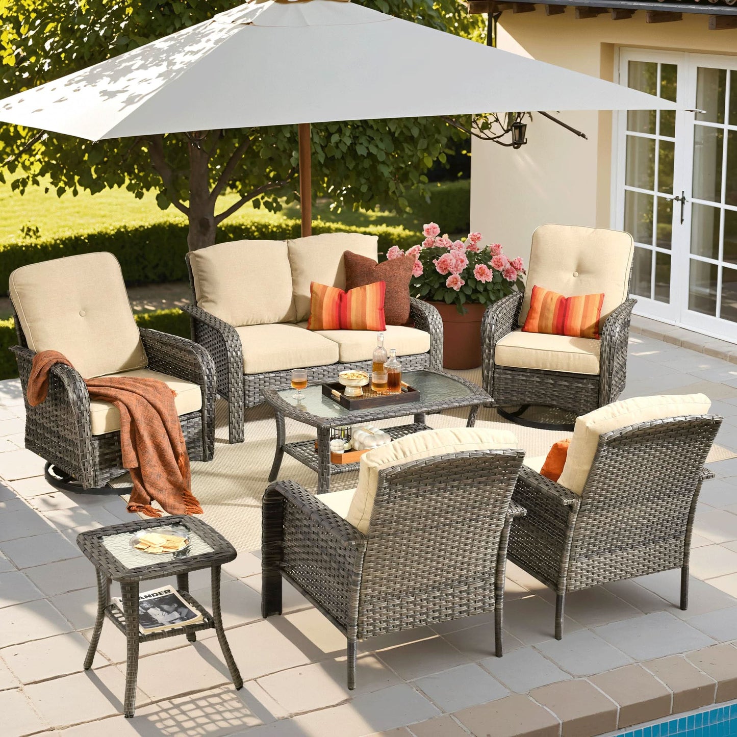 OVIOS 7 Pieces Patio Furniture Set, Outdoor Wicker Sofa with Swivel Chairs, Coffee Table
