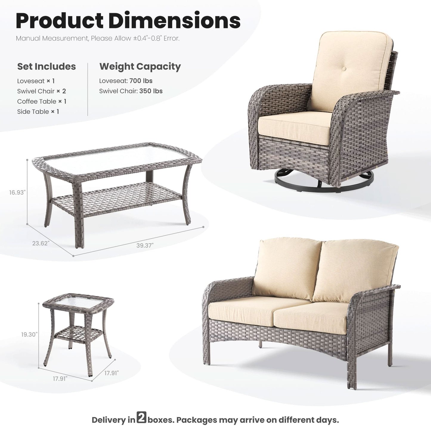 OVIOS 5 Pieces Patio Furniture Set, Outdoor Wicker Sofa with Swivel Chairs