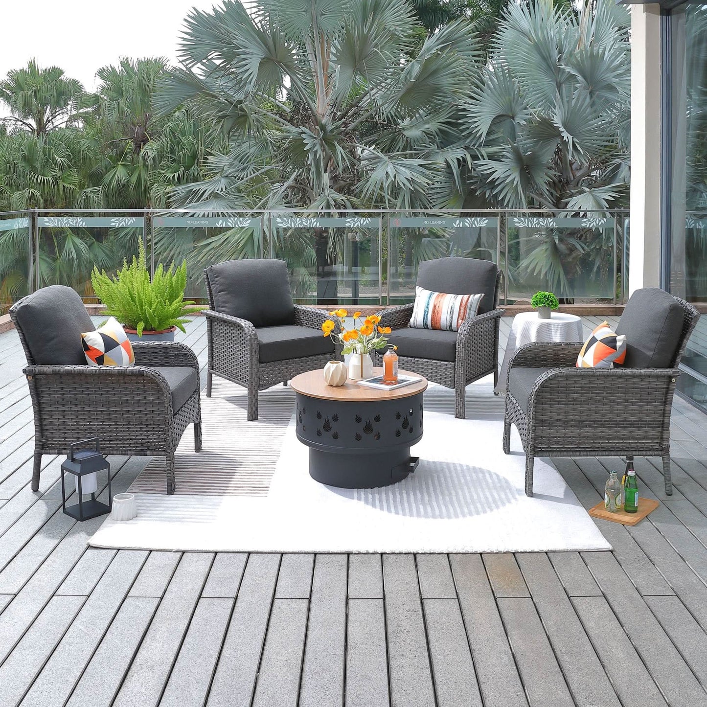 OVIOS 5 Pieces Patio Furniture Set with Fire Pit, Outdoor Wicker Chairs of 4