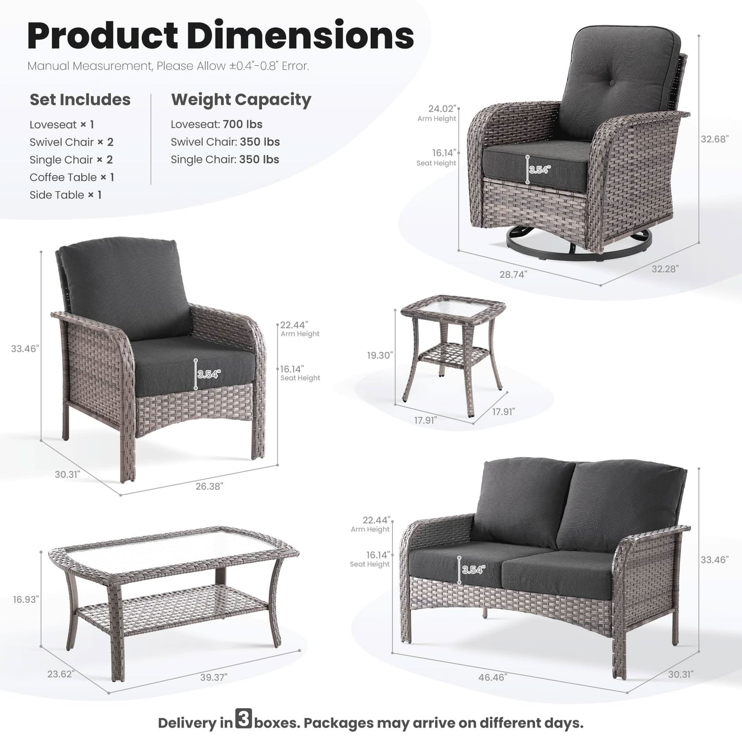 OVIOS 7 Pieces Patio Furniture Set, Outdoor Wicker Sofa with Swivel Chairs, Coffee Table