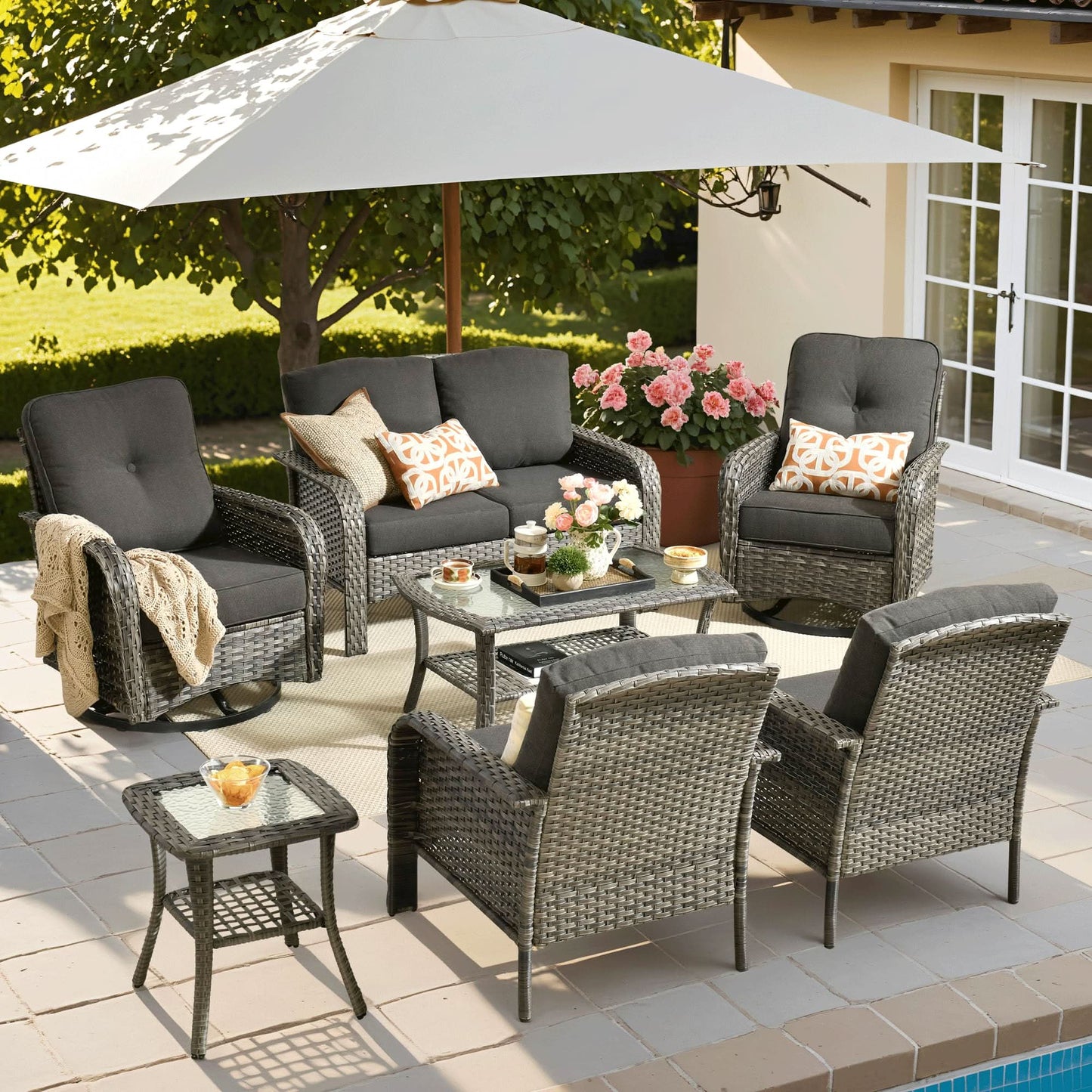 OVIOS 7 Pieces Patio Furniture Set, Outdoor Wicker Sofa with Swivel Chairs, Coffee Table