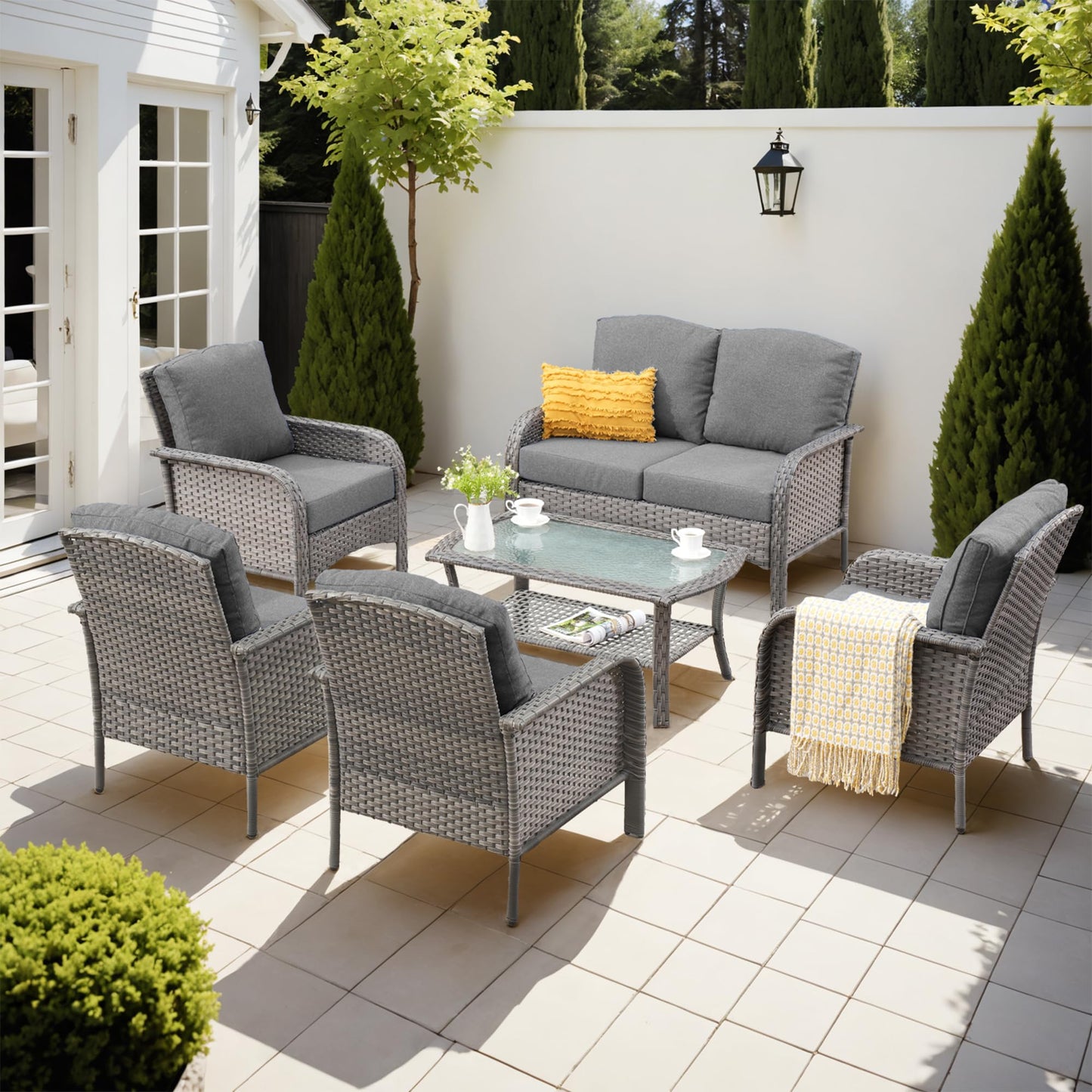 Ovios 6-Piece Wicker Patio Furniture Set, All-Weather Rattan Conversation Bistro Loveseat Chair and Table Set for Backyard