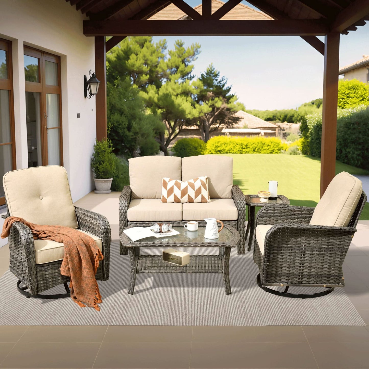 OVIOS 5 Pieces Patio Furniture Set, Outdoor Wicker Sofa with Swivel Chairs