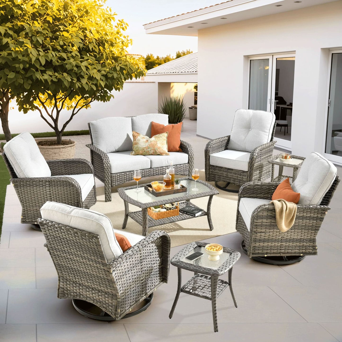 OVIOS 8 Pieces Patio Furniture Set, Outdoor Wicker Sofa with Swivel Chairs