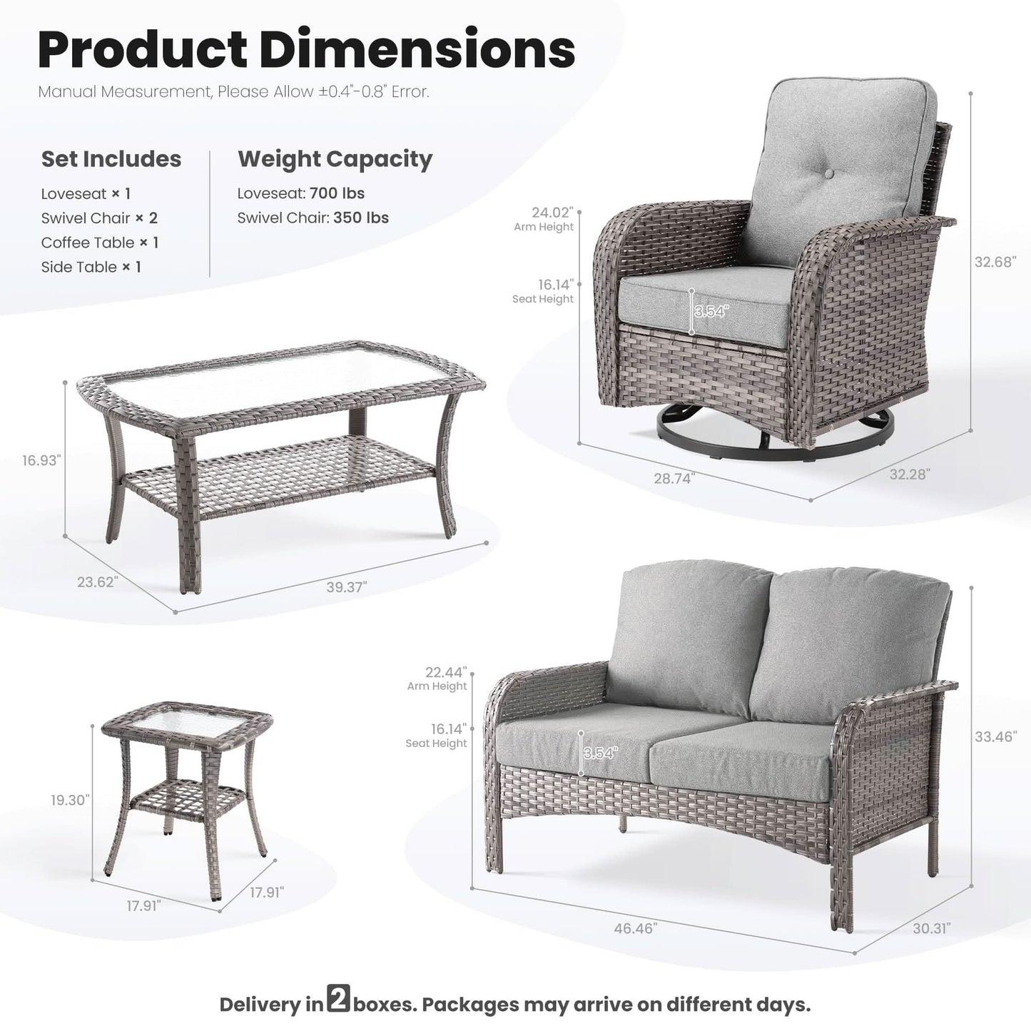 OVIOS 5 Pieces Patio Furniture Set, Outdoor Wicker Sofa with Swivel Chairs