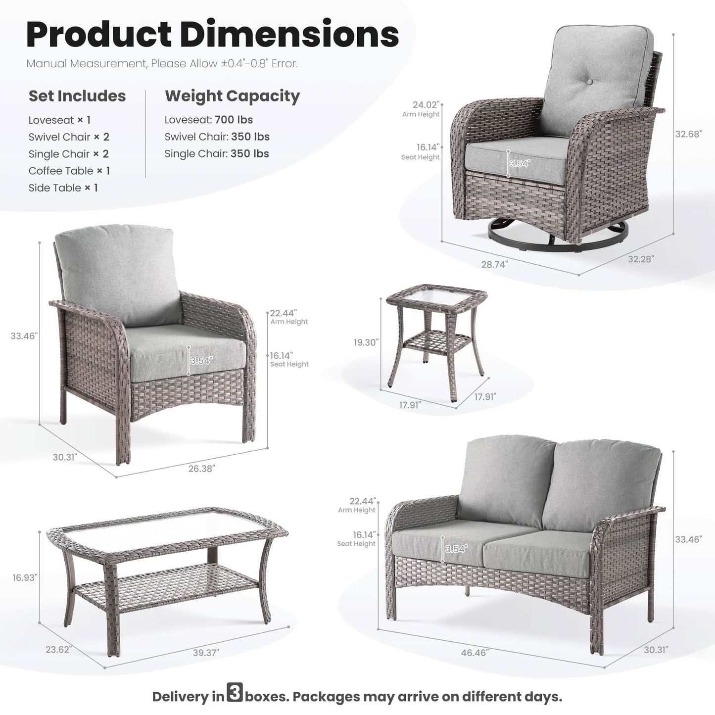 OVIOS 7 Pieces Patio Furniture Set, Outdoor Wicker Sofa with Swivel Chairs, Coffee Table