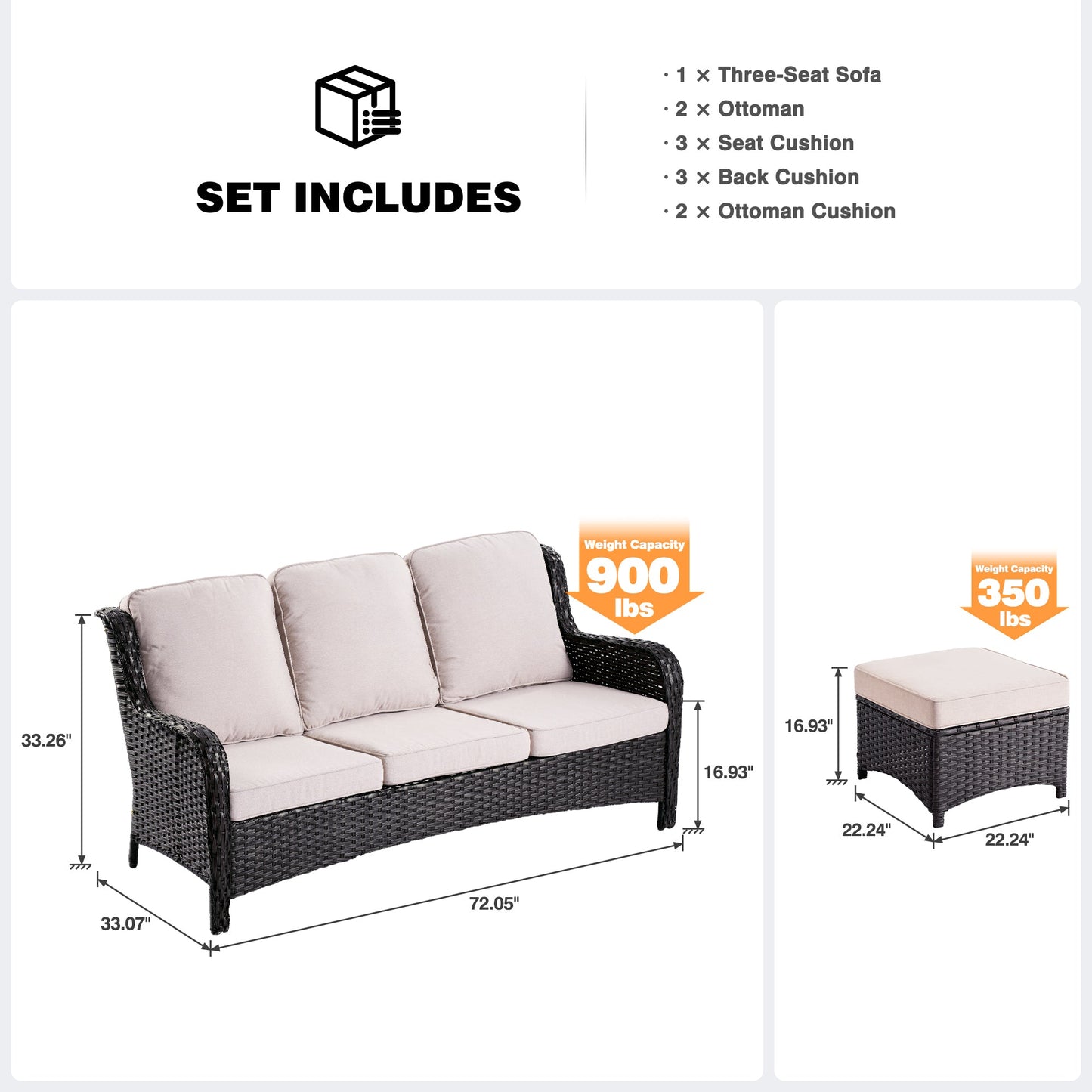 OVIOS Outdoor Couch 3-Piece with Ottoman Kenard Curved Handrest