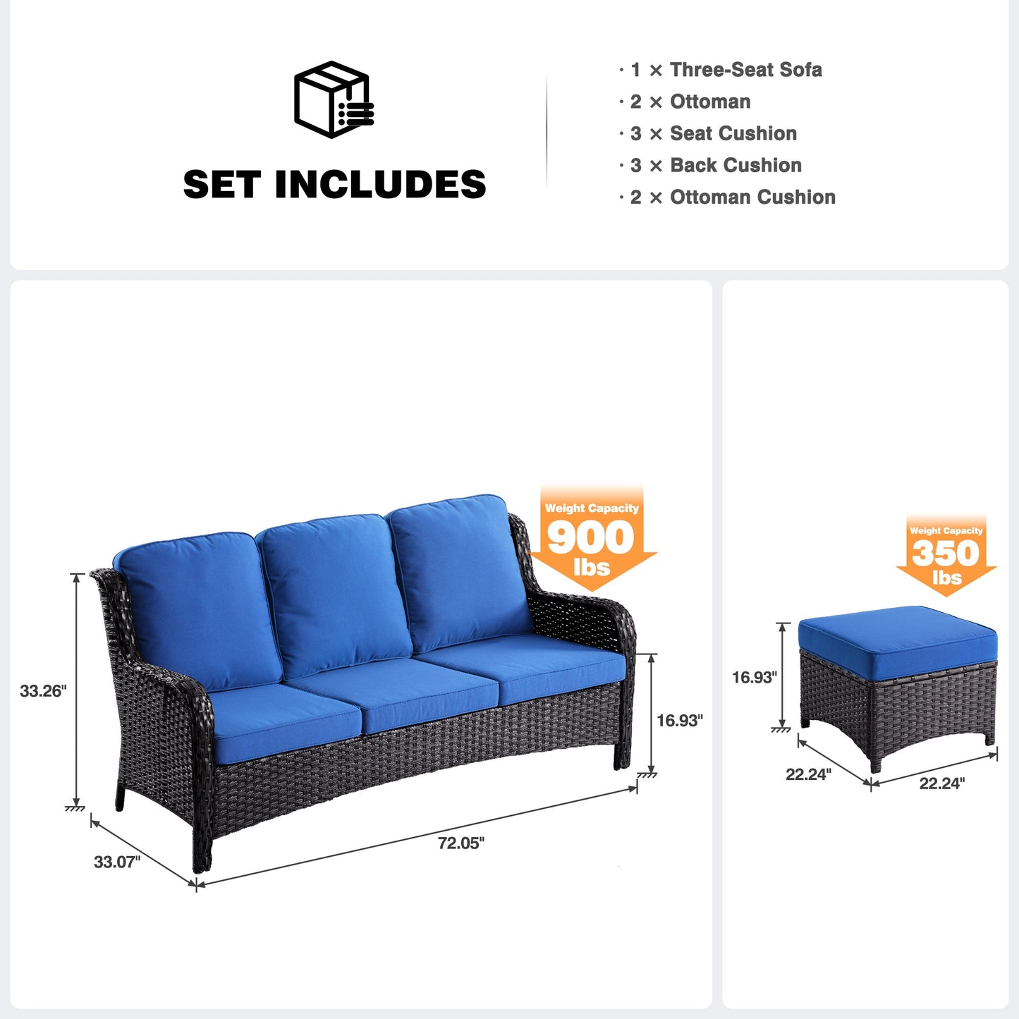 OVIOS Outdoor Couch 3-Piece with Ottoman Kenard Curved Handrest