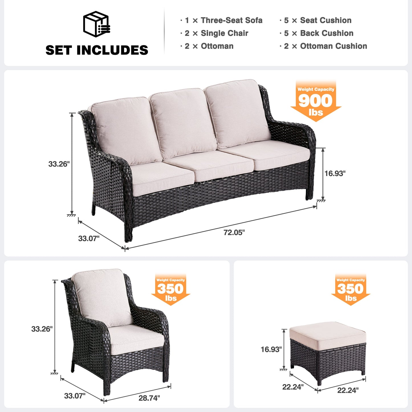 Ovios Patio Conversation Set 5-Piece with Cushions Kenard Curved Handrest