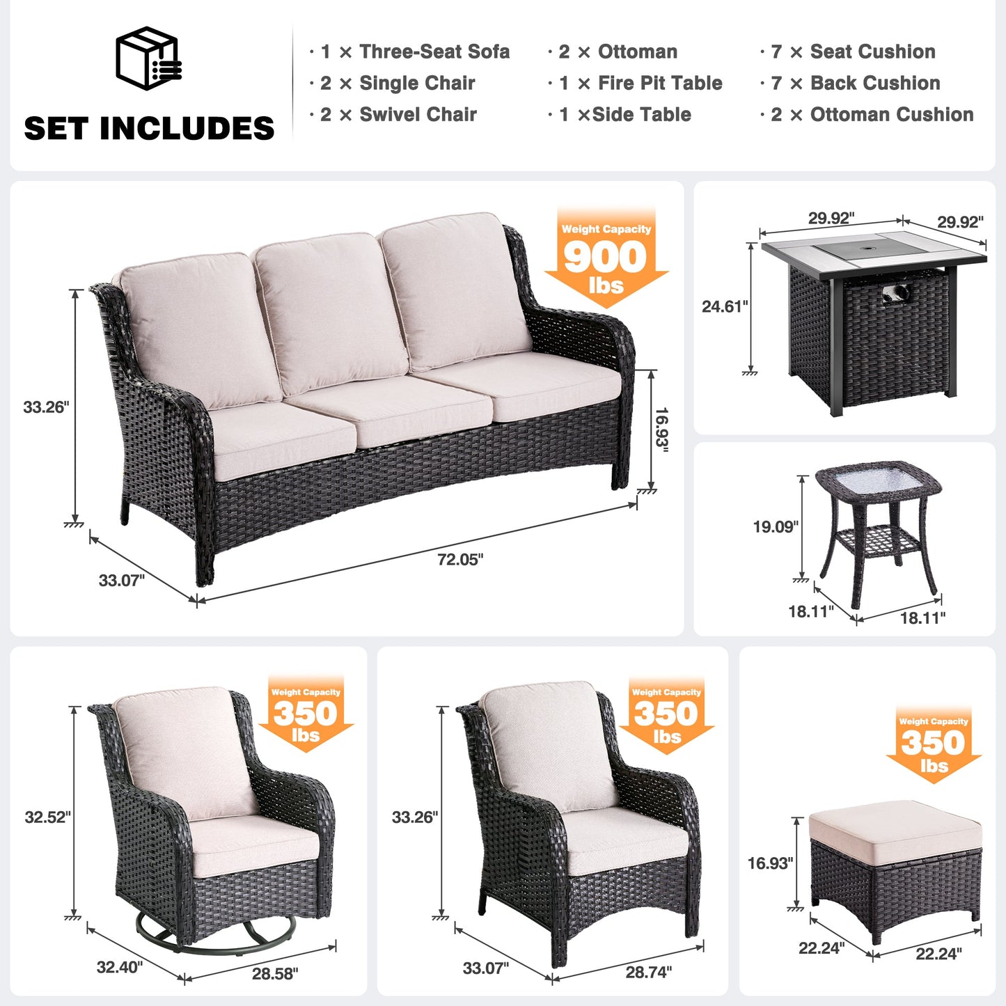 OVIOS Outdoor Furniture 9-Piece with 30'' Fire Pit Table and Kenard 2 Rocking Chairs