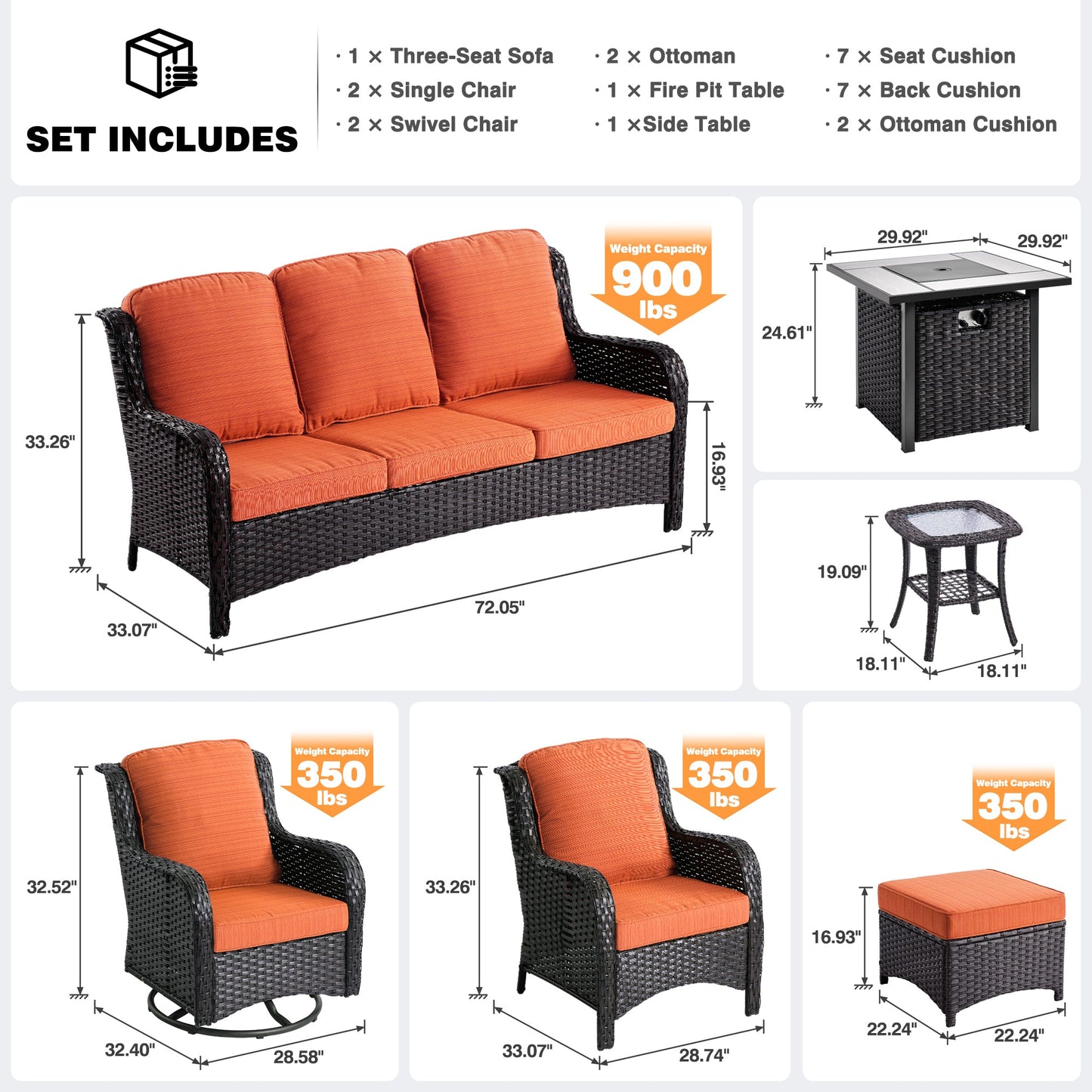OVIOS Outdoor Furniture 9-Piece with 30'' Fire Pit Table and Kenard 2 Rocking Chairs