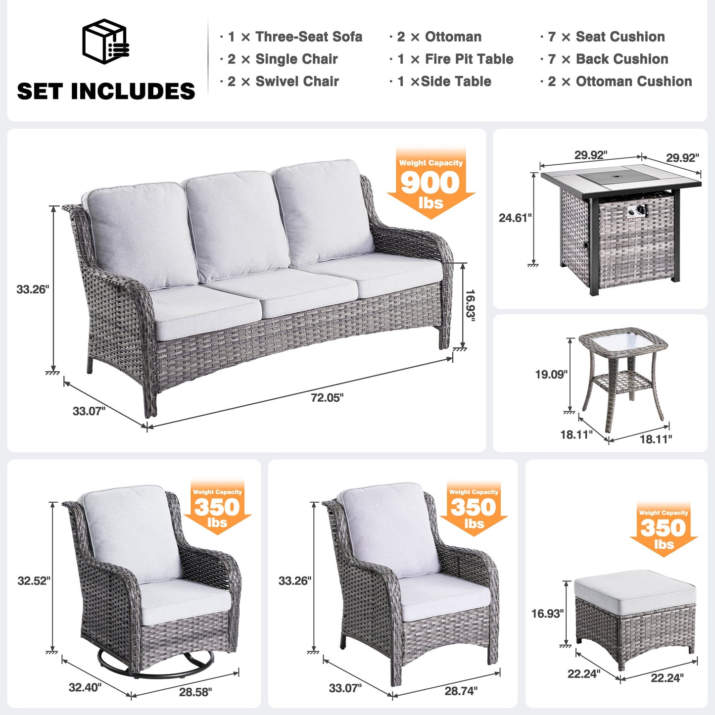 OVIOS Outdoor Furniture 9-Piece with 30'' Fire Pit Table and Kenard 2 Rocking Chairs
