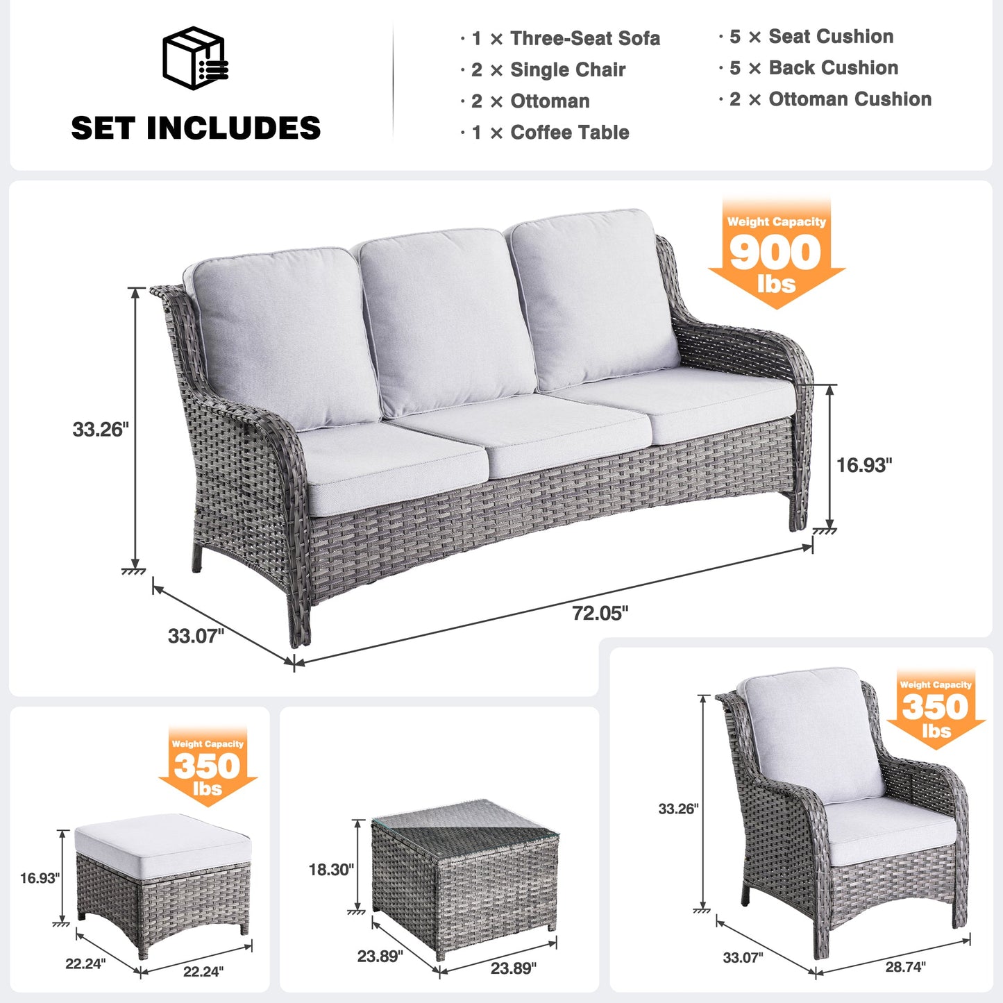 OVIOS Patio Furniture Set 6-Piece with Table Kenard Curved Handrest