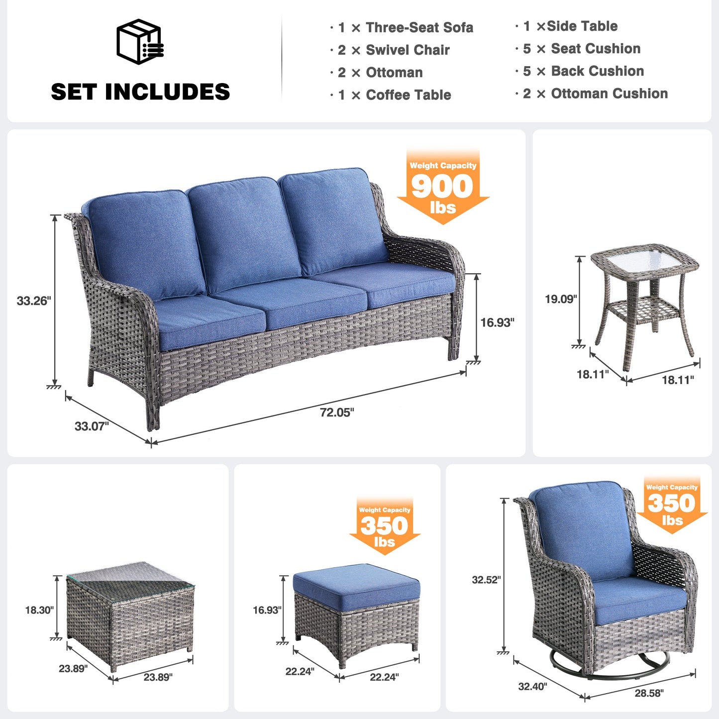 Ovios Patio Conversation Set 7-Piece with Swivel Chairs and Table Kenard