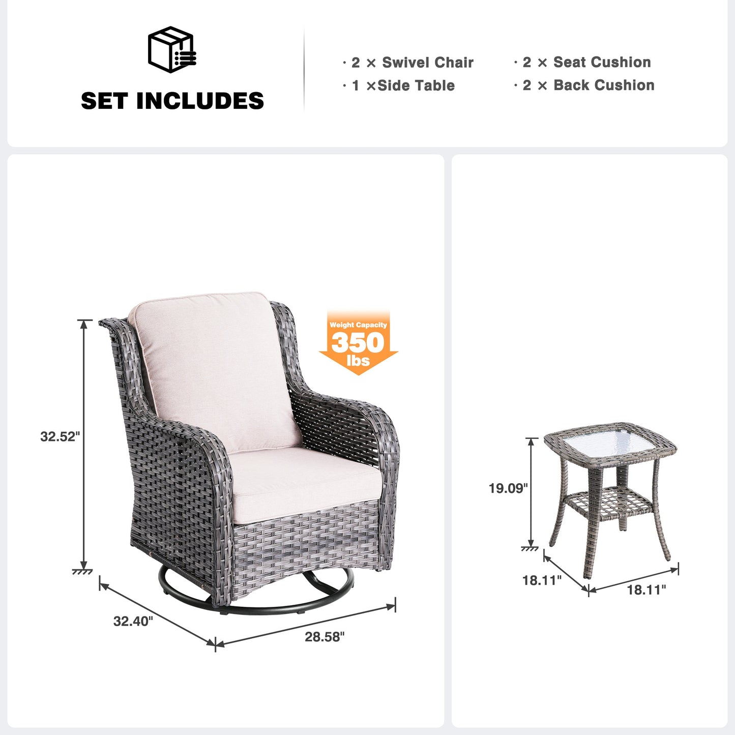OVIOS Patio Furniture Set 3-Piece with Swivel Chairs and Side Table Kenard