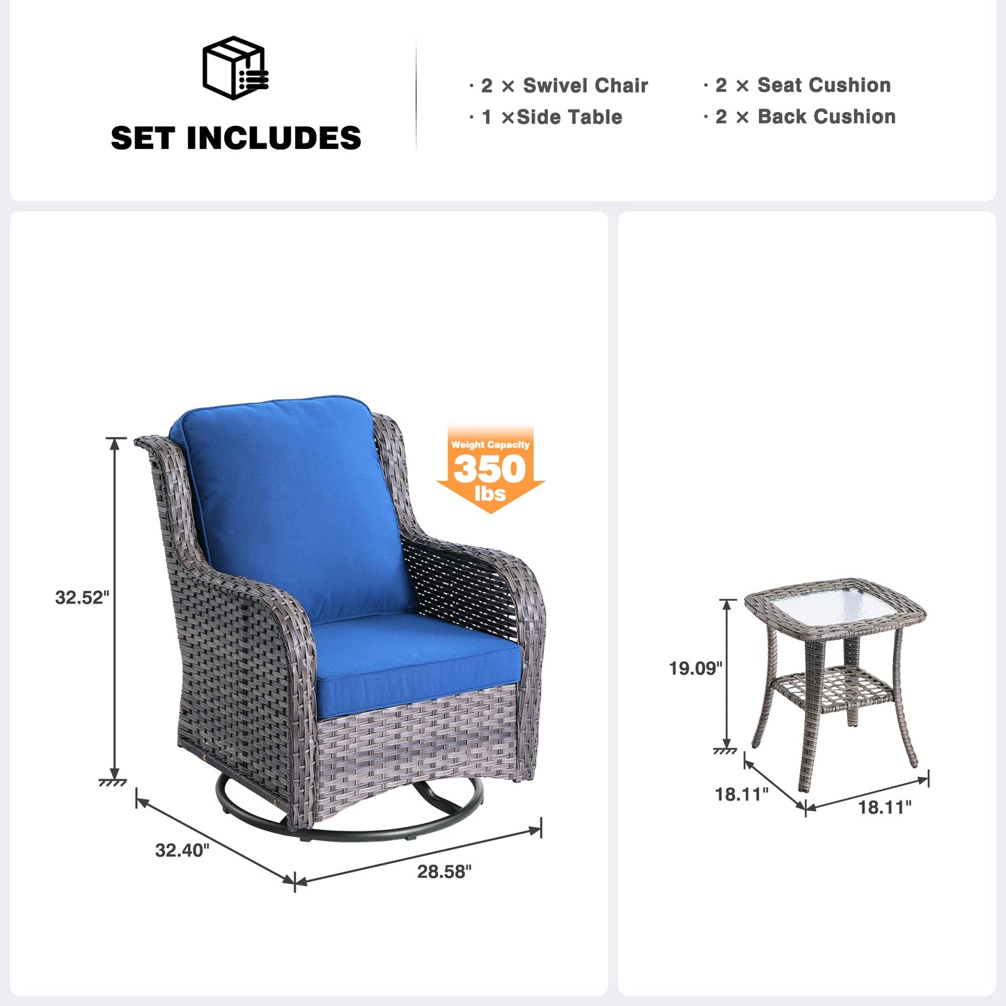 OVIOS Patio Furniture Set 3-Piece with Swivel Chairs and Side Table Kenard