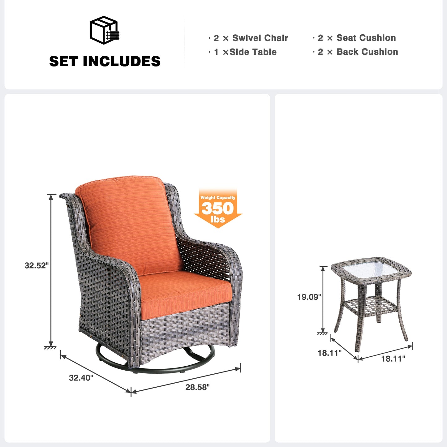 OVIOS Patio Furniture Set 3-Piece with Swivel Chairs and Side Table Kenard